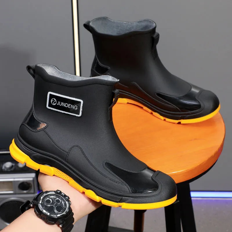 Men's waterproof PVC wading boots black flat heel low tube rubber shoes non-slip sole