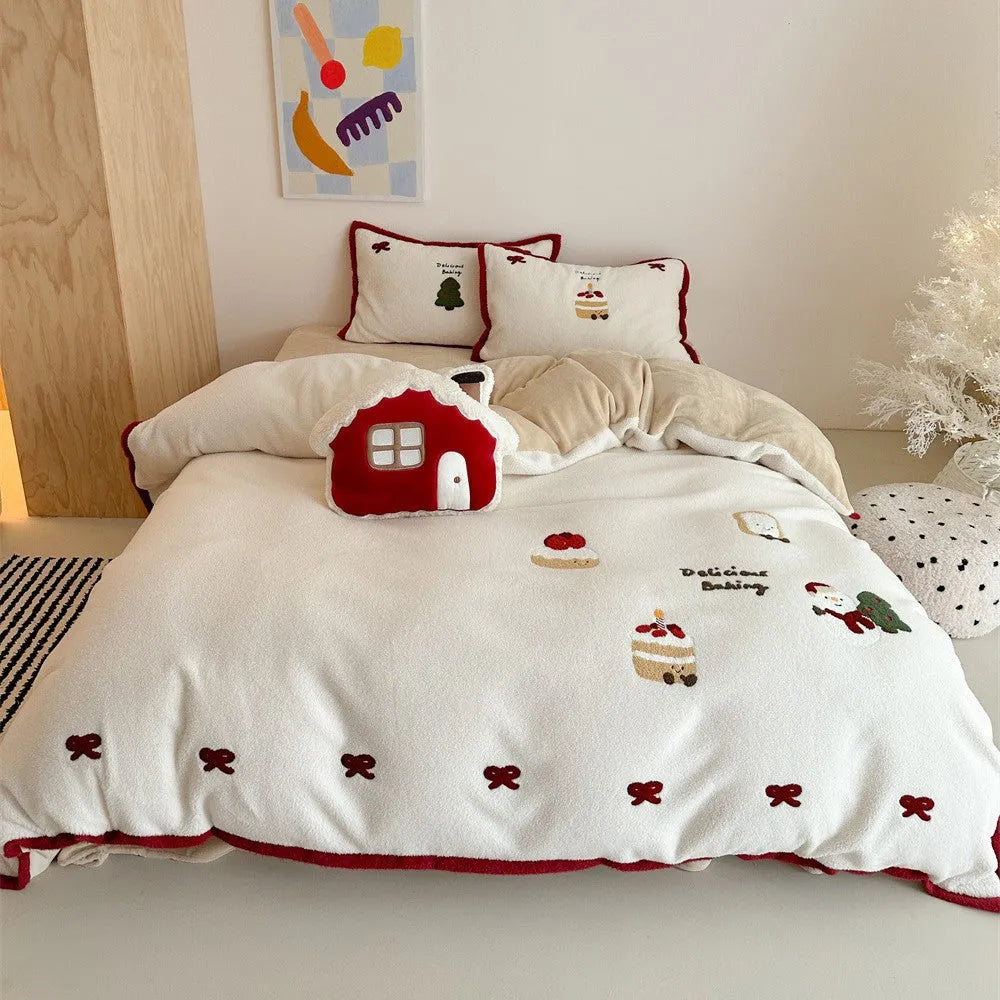 Cartoon pattern girls bedding four-piece set with duvet cover, sheet, and pillowcases in a snowy milk pastry design.
