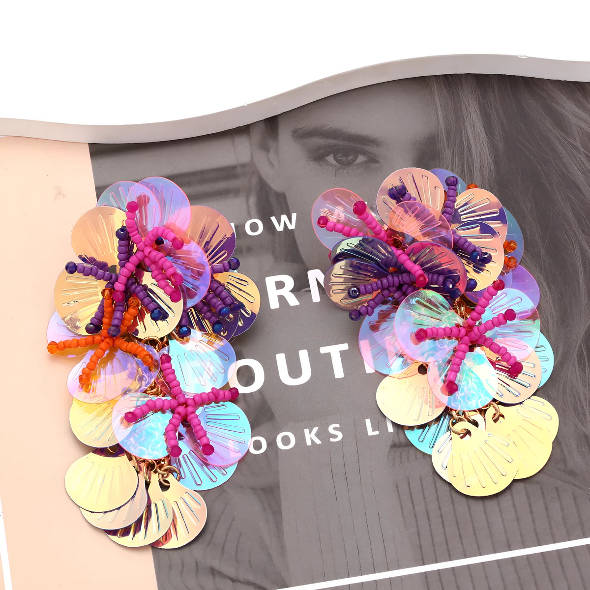 Handmade string bead flower earrings in exaggerated European American dopamine style with floral leaf shapes