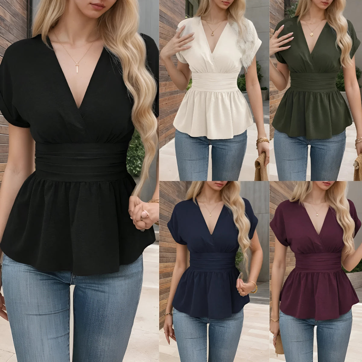 Women's solid colour V-neck polyester top with waist pleating detail in slim fit silhouette