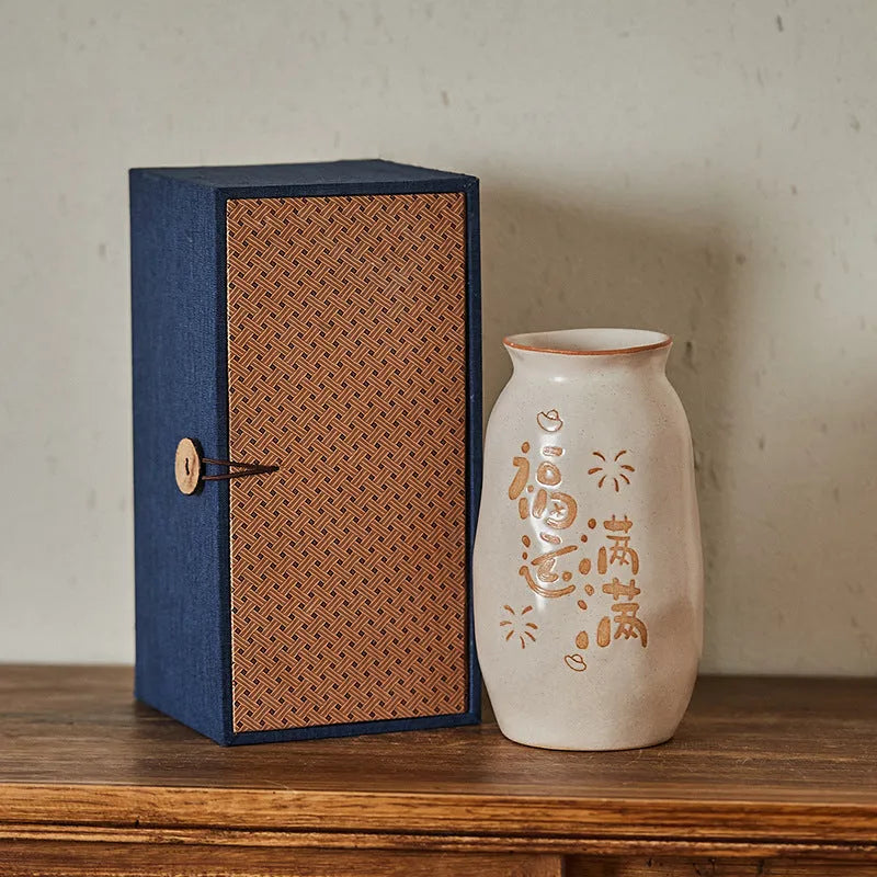 Chinese style hand-painted ceramic joy vase with traditional motifs on 8 cm base