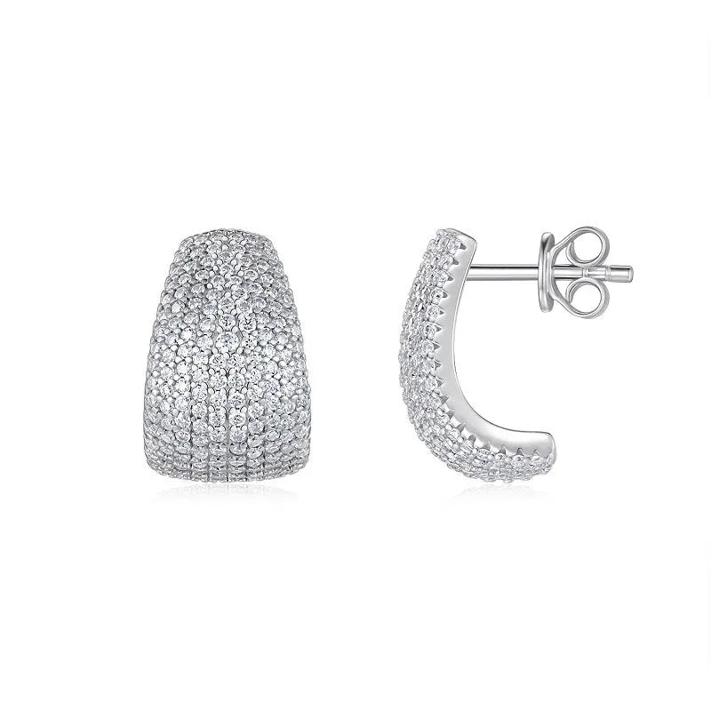 A pair of geometric sterling silver ear studs with moissanite stones for women.