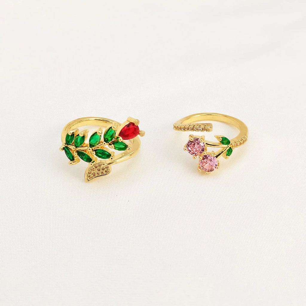 Geometric leaf open ring for women in copper gold with micro inlaid zircon details