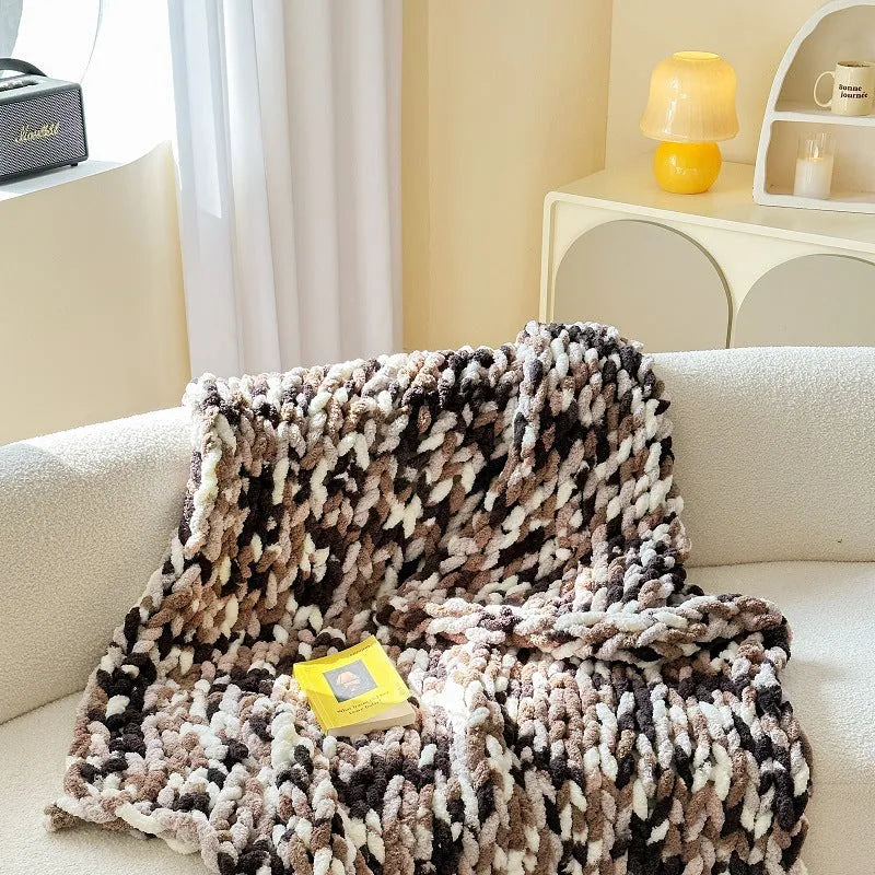 Striped chenille blanket 130x170cm in caramel mango colour showing textured surface