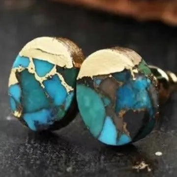 Handmade natural stone stud earrings with irregular geometric shapes on stainless steel posts