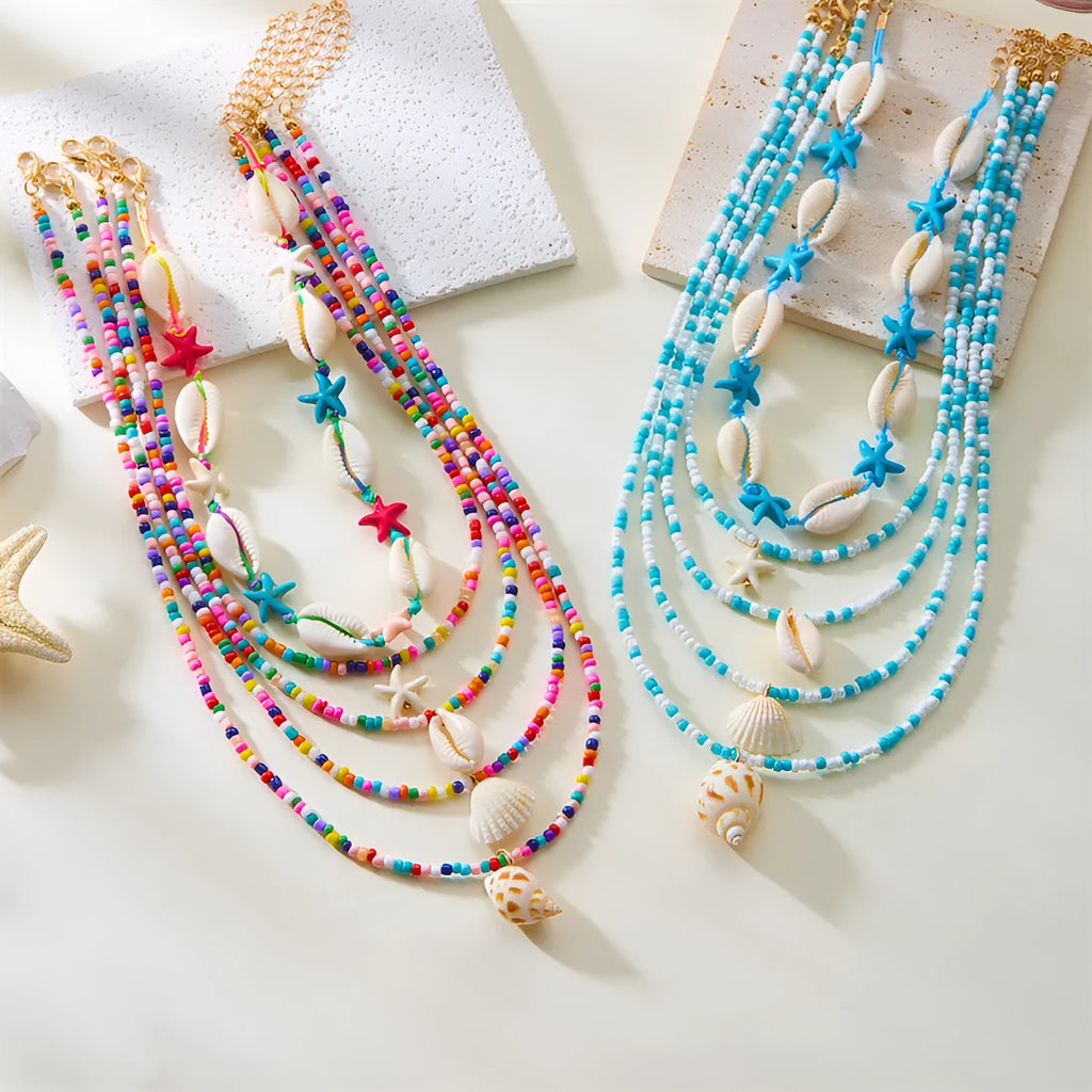 Five-piece women's necklace set with starfish shell and conch bead designs on electroplated alloy