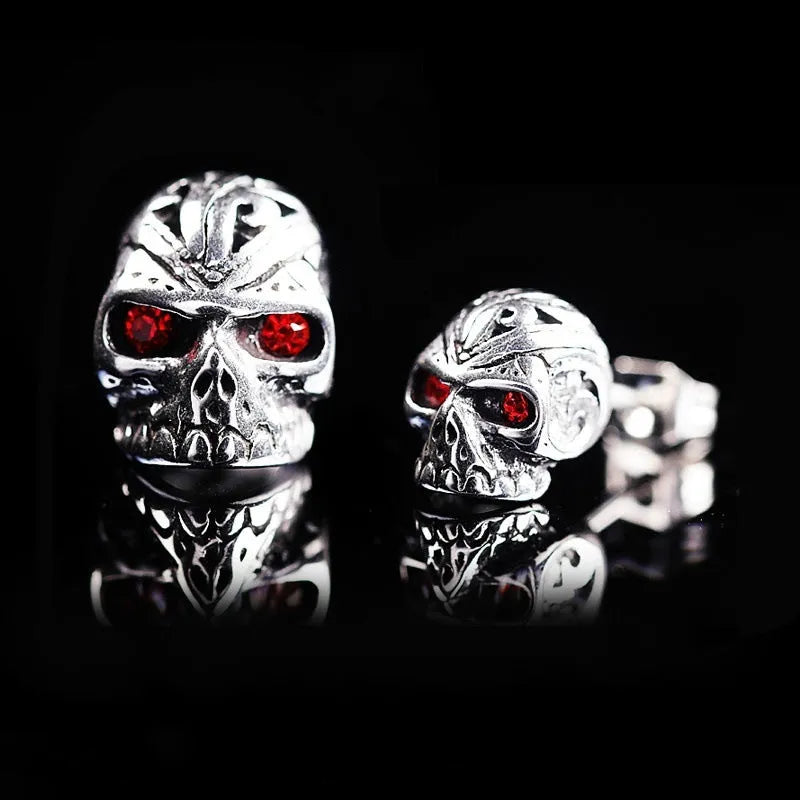 Retro skull stud earrings with red eye ghost head design on alloy metal