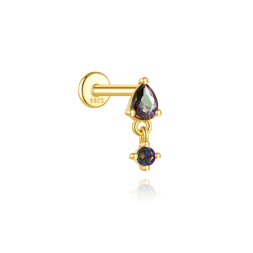 S925 sterling silver flat head thread piercing with super shiny rainbow stone in gold tone.