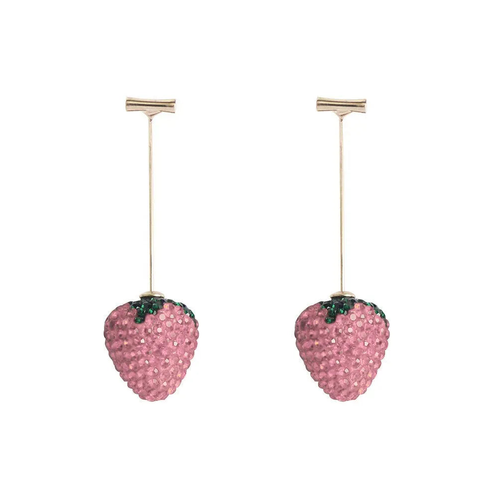 Red strawberry-shaped geometric earrings with spot drill crystals on zinc alloy