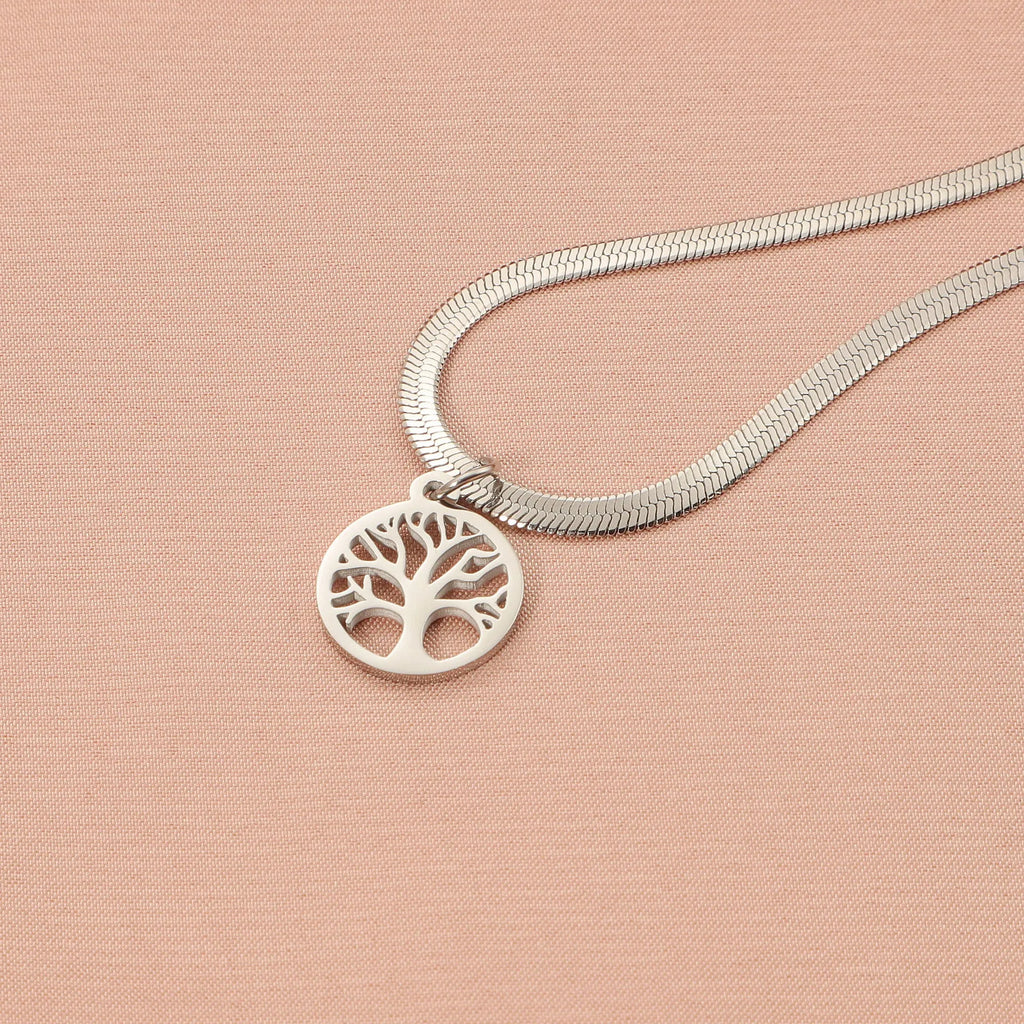 Stainless steel lucky tree necklace on adjustable snake bone chain with titanium steel pendant