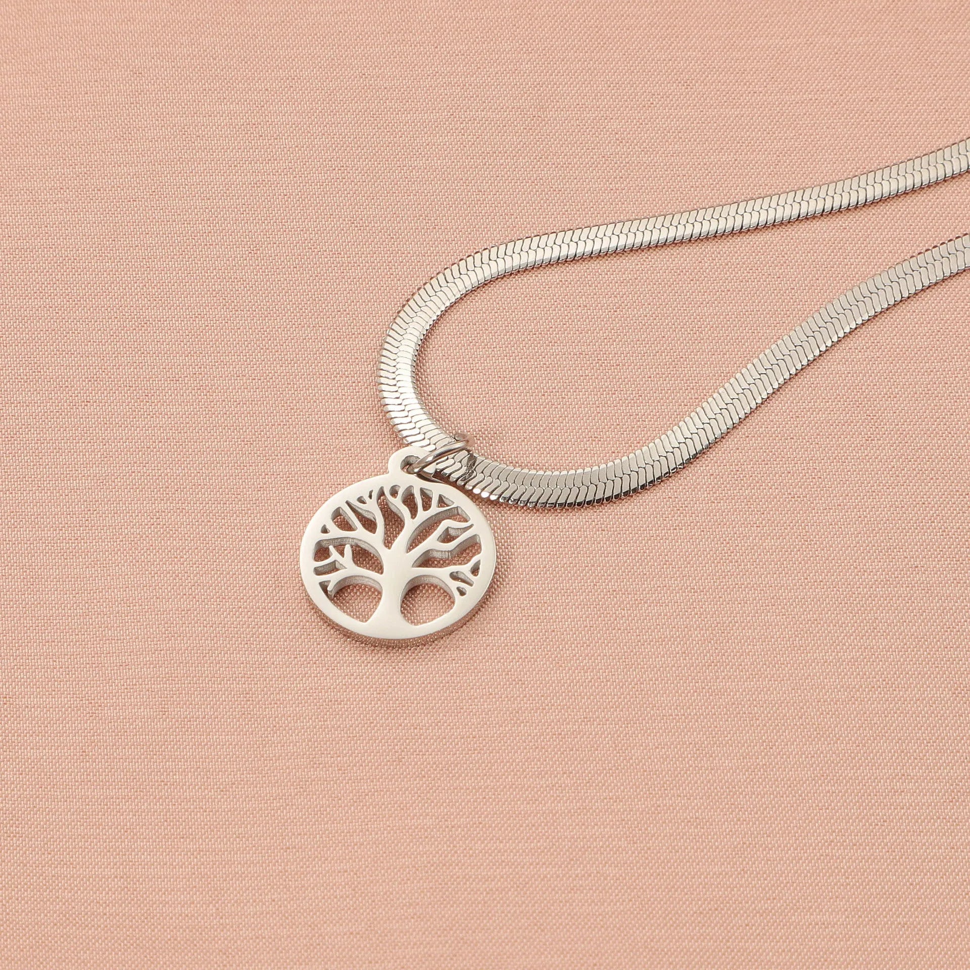 Stainless steel lucky tree necklace on adjustable snake bone chain with titanium steel pendant