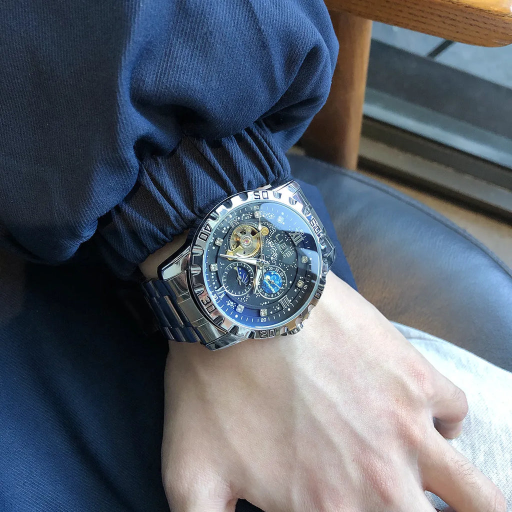 Men's silver case automatic mechanical watch with black starry dial and luminous hands