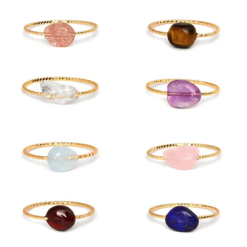 Geometric-shaped agate stone ring for women in various colour options on a neutral background.