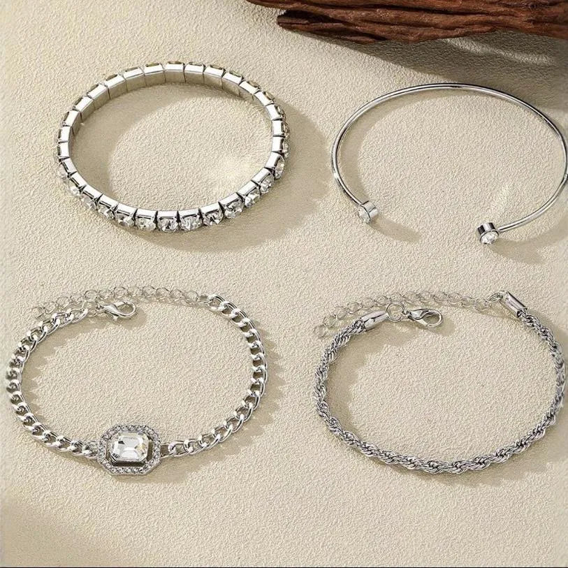 Women's retro geometric alloy bracelet four-piece set with square diamond links and metal chain construction