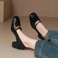 Spring and Autumn New Retro Square Head Women's Soft High Heel Pumps with Buckle Closure in Black and Dark Brown, Available in Sizes 35 to 40, Solid Colour Patent Look with Faux Leather Lining and Rubber Sole