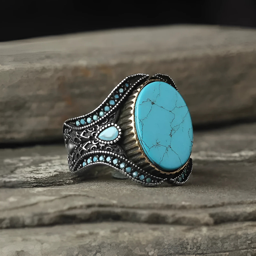 Men's round turquoise antique silver alloy ring showing simple design on size chart