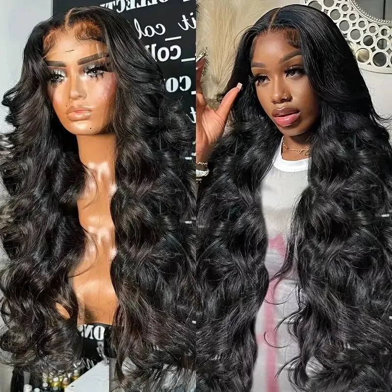 Black synthetic ladies wig with big wavy hairstyle on a mannequin head, showing lace fibre construction.