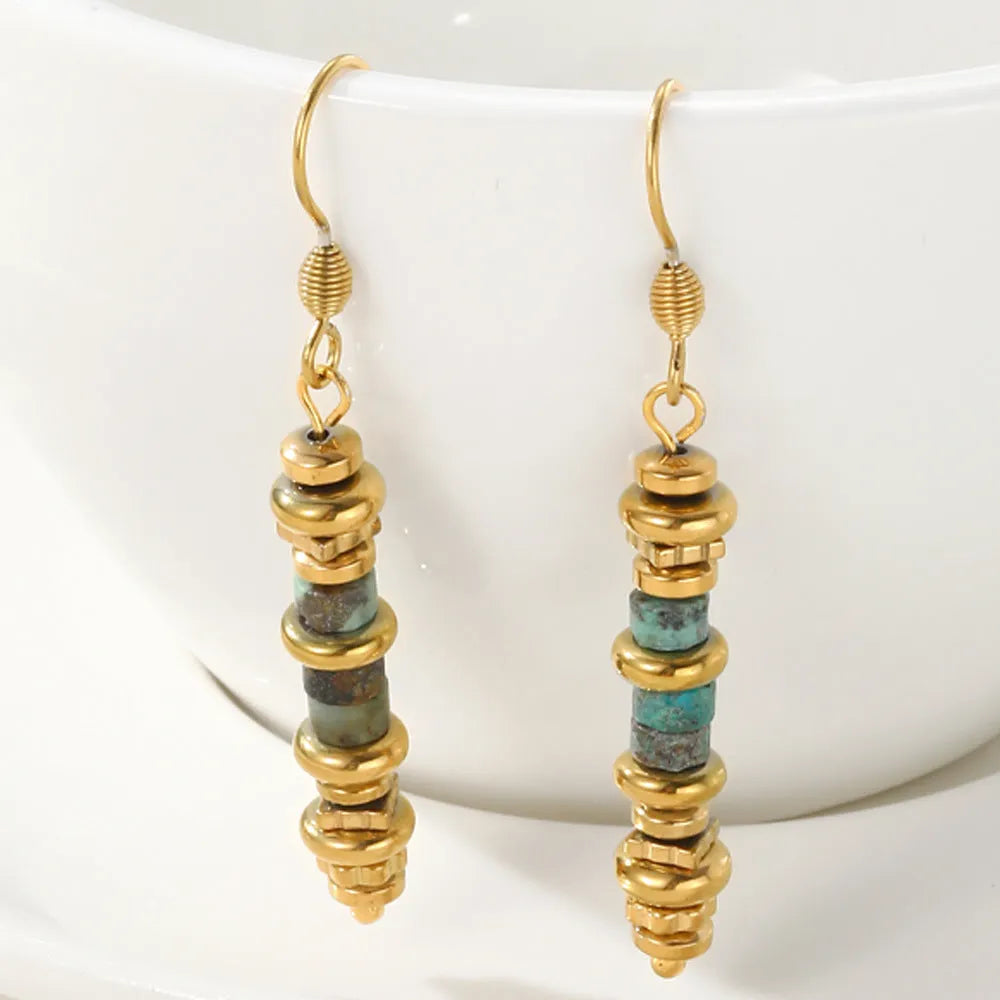 Geometric titanium steel dangle earrings with 18K gold plating in retro style