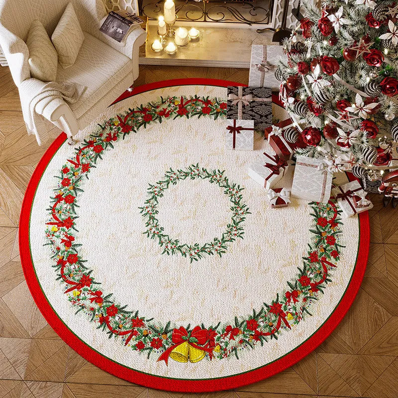 Round Christmas carpet in festive colours with velvet texture on hardwood floor