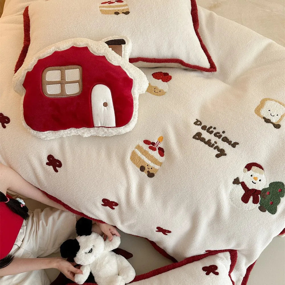 Cartoon pattern girls bedding four-piece set with duvet cover, sheet, and pillowcases in a snowy milk pastry design.