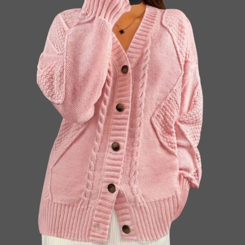 V-neck button-front cable-knit cardigan in artificial wool and polyester, solid colour, sizes S to XXL