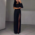 Black women's jumpsuit with one oblique shoulder and a high slit on the leg