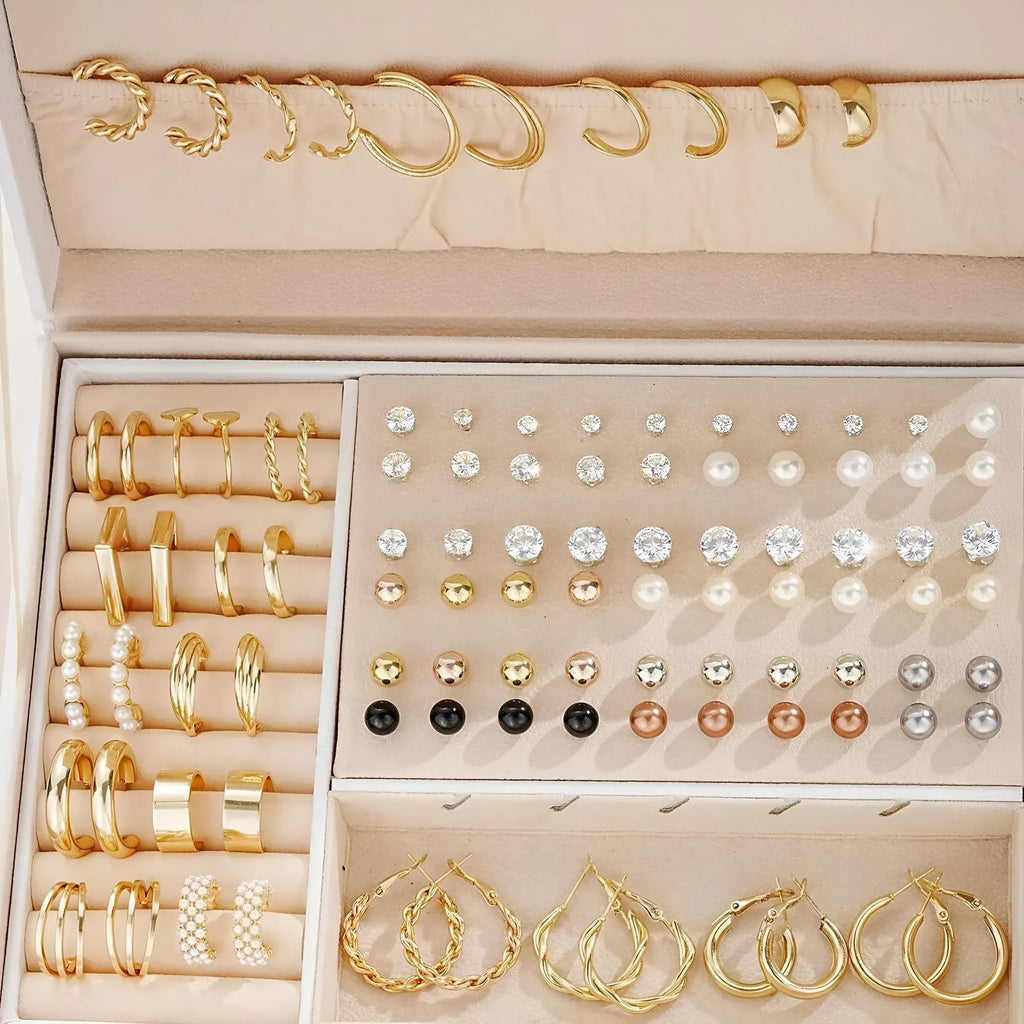 108-piece geometric pearl earrings set with gold and yellow electroplated finishes on alloy metal