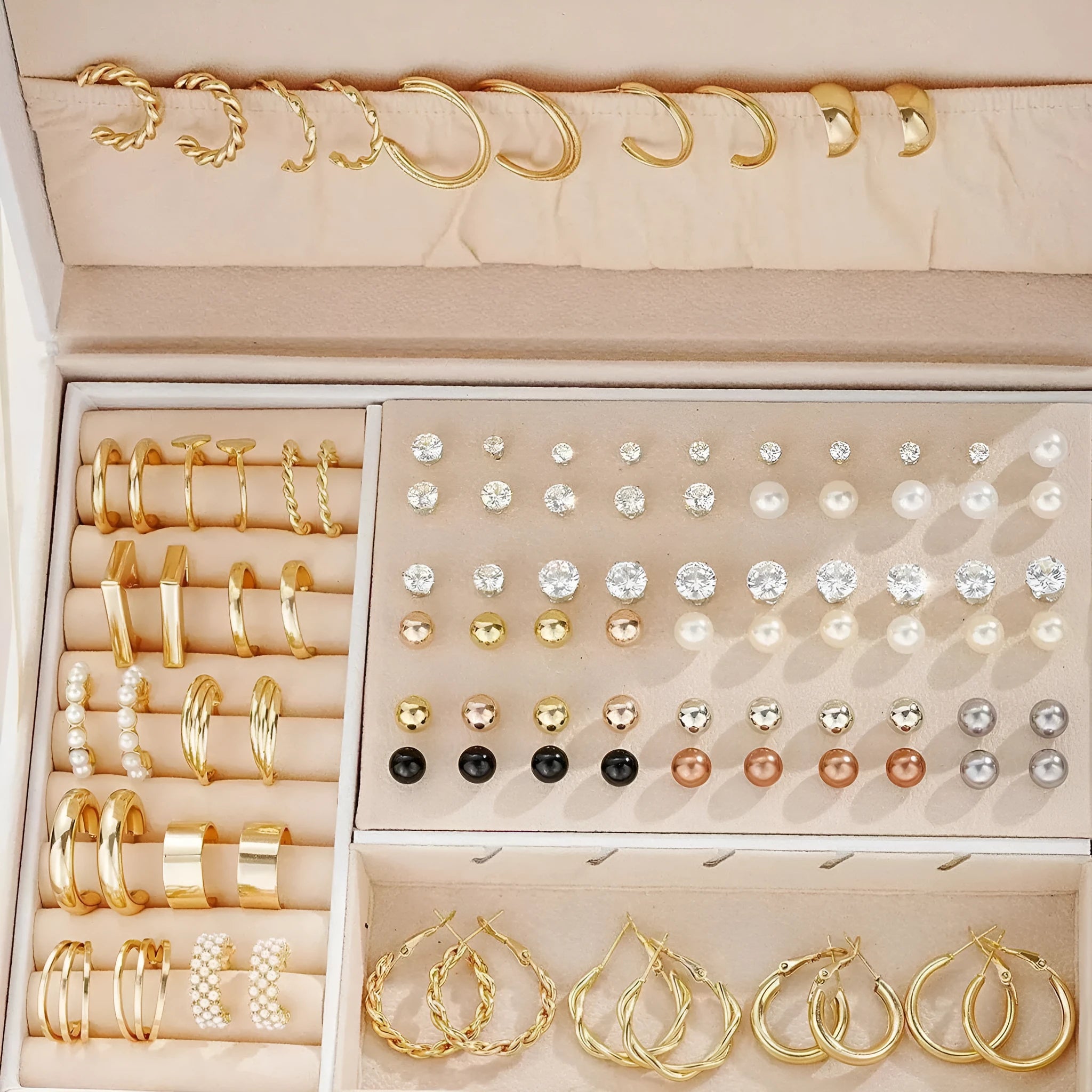 108-piece geometric pearl earrings set with gold and yellow electroplated finishes on alloy metal