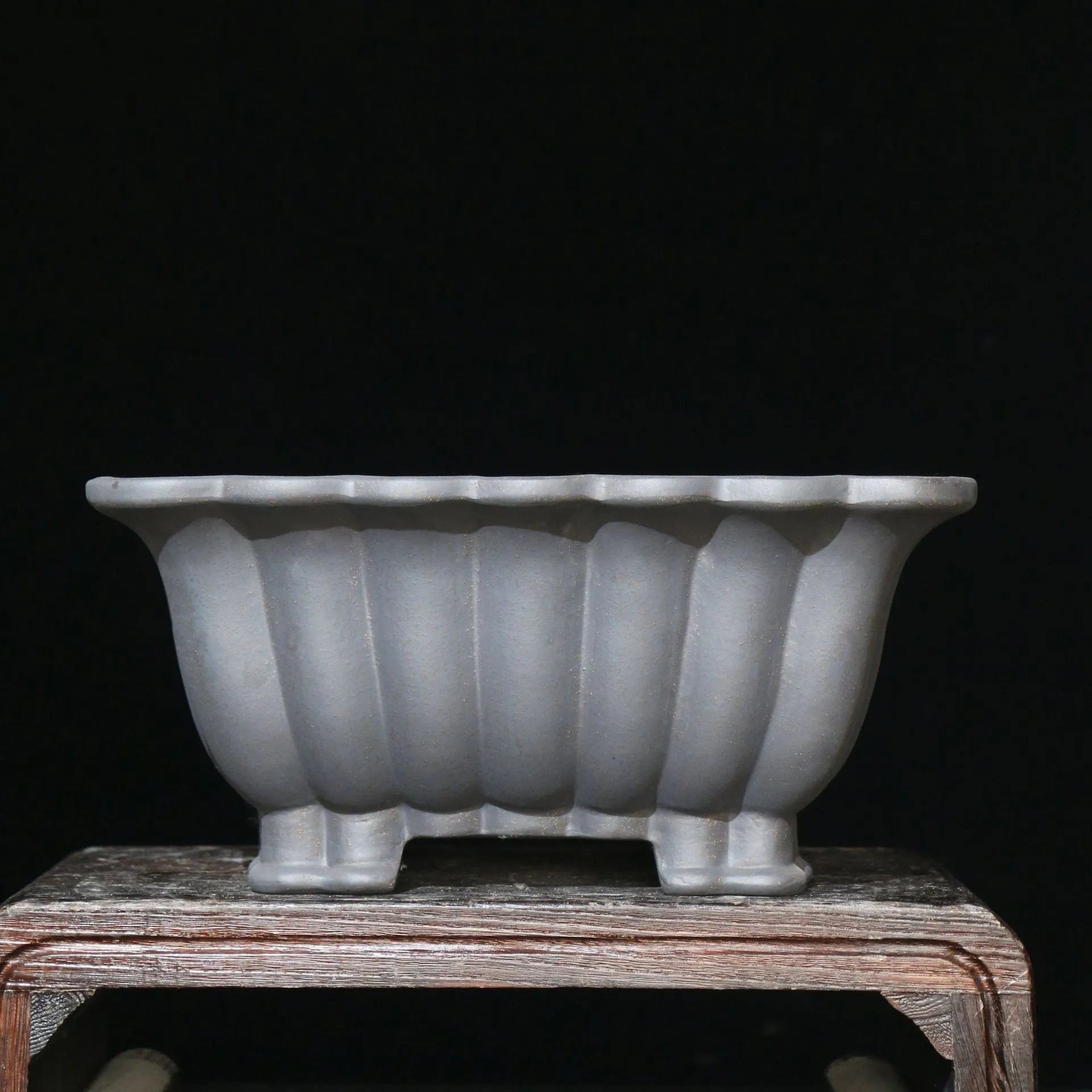 Square purple sand ceramic bonsai pot with 37x15cm inner diameter on desktop