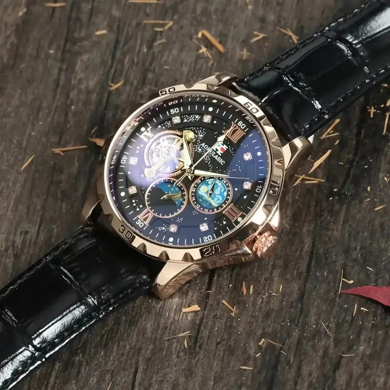 Men's automatic mechanical watch with black rose gold case, hollow dial showing movement, leather strap