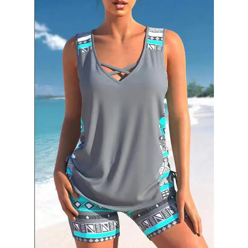 Women's floral lace printed two-piece swimsuit set showing top and briefs