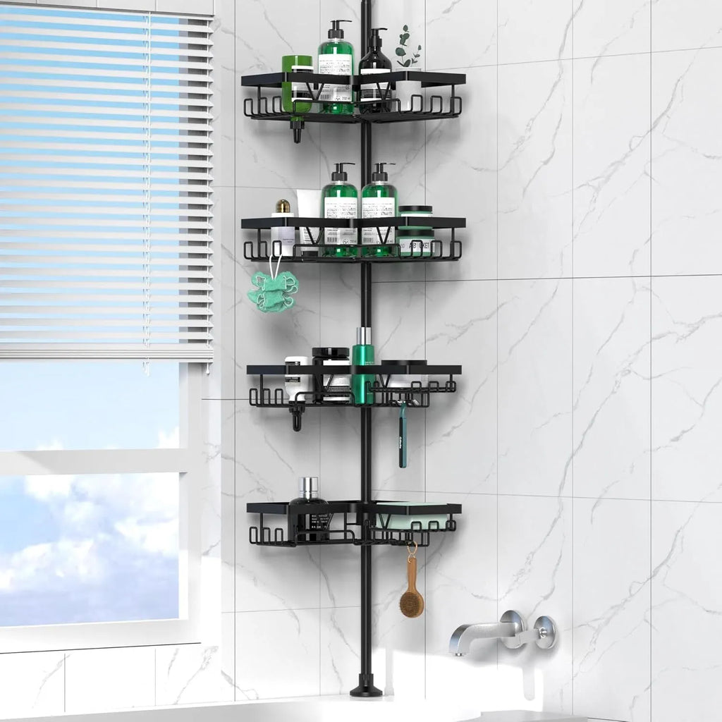 Retractable stainless steel bathroom storage rack with four shelves for hole-free installation.