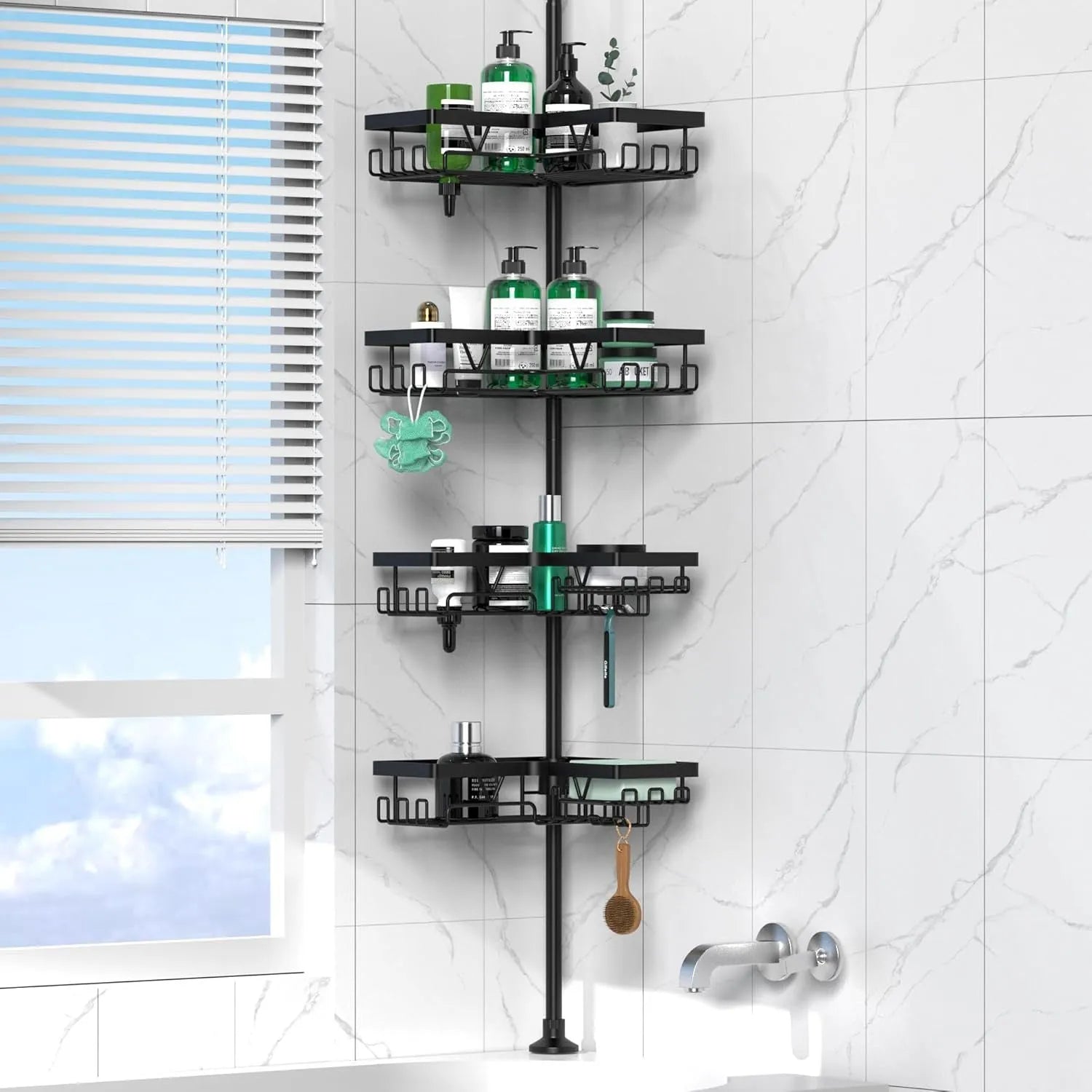 Retractable stainless steel bathroom storage rack with four shelves for hole-free installation.