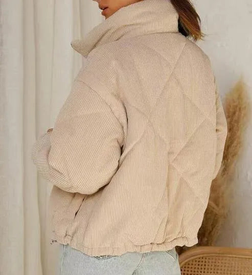 Apricot women's corduroy wadded jacket with stand collar and zip front closure