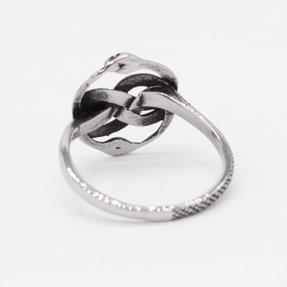 Close-up of a titanium steel double snake ring in a steel colour on a hand.