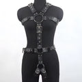Black patent leather shapewear bodysuit with adjustable buckle fastenings and thin straps