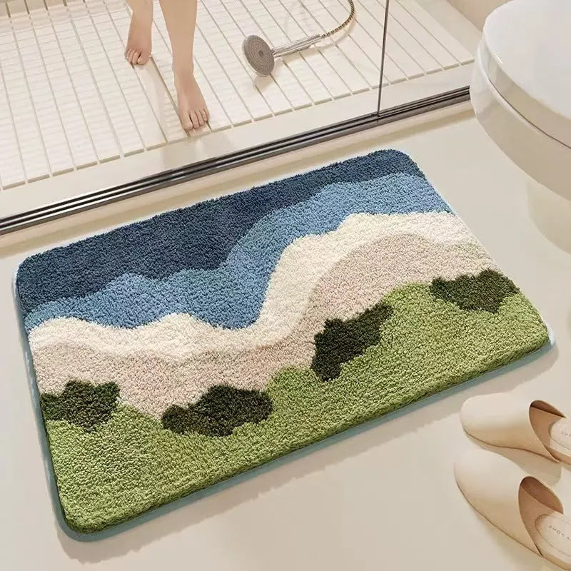 Square cashmere-style floor mat with rainbow pattern on Sky Sea background showing plastic dirt-resistant bottom