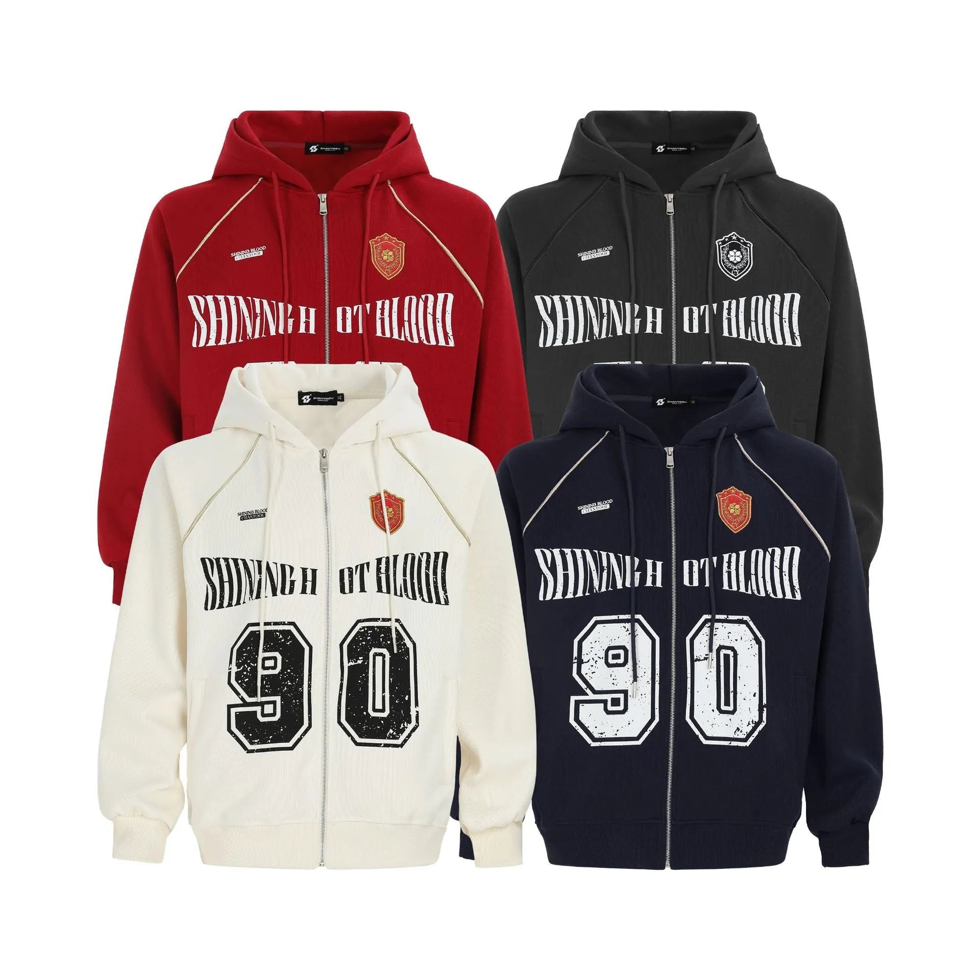 Women's red American retro style loose hooded jacket with embroidered letters