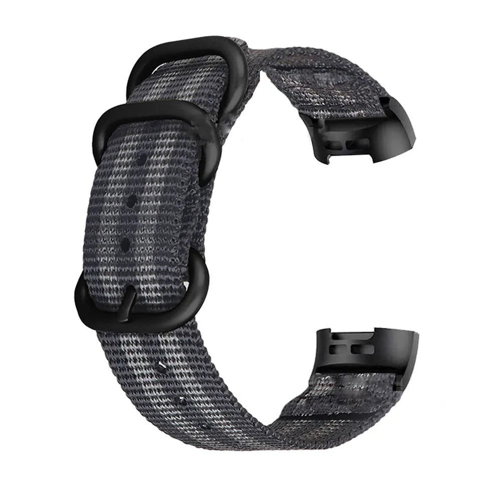 Nylon three-ring buckle replacement strap for Fitbit Charge 2, 3, 4, and 5 fitness trackers in army green colour.