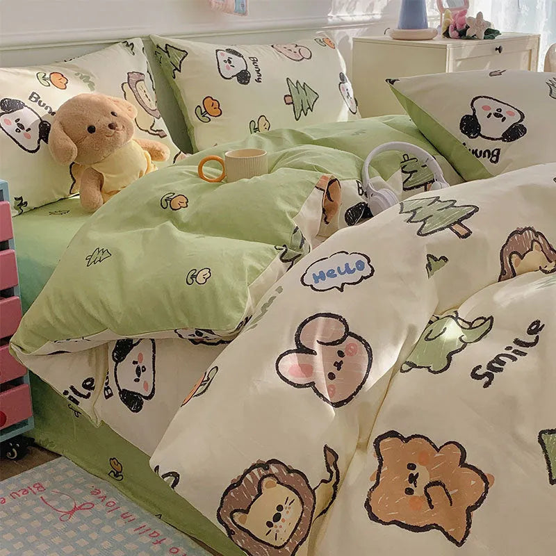 Cartoon dog pattern cotton bedding four-piece set showing quilt cover and sheets