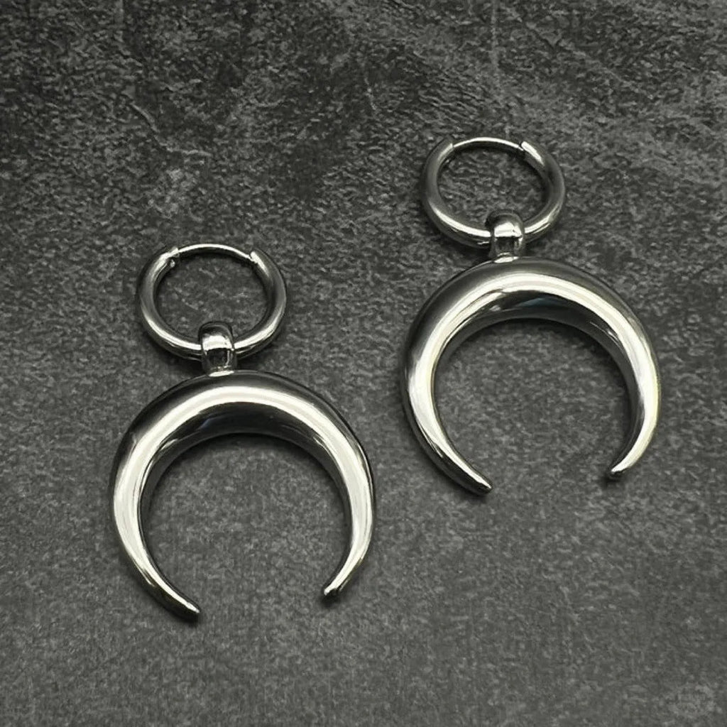 Silver Gothic moon geometric hoop earrings with punk styling