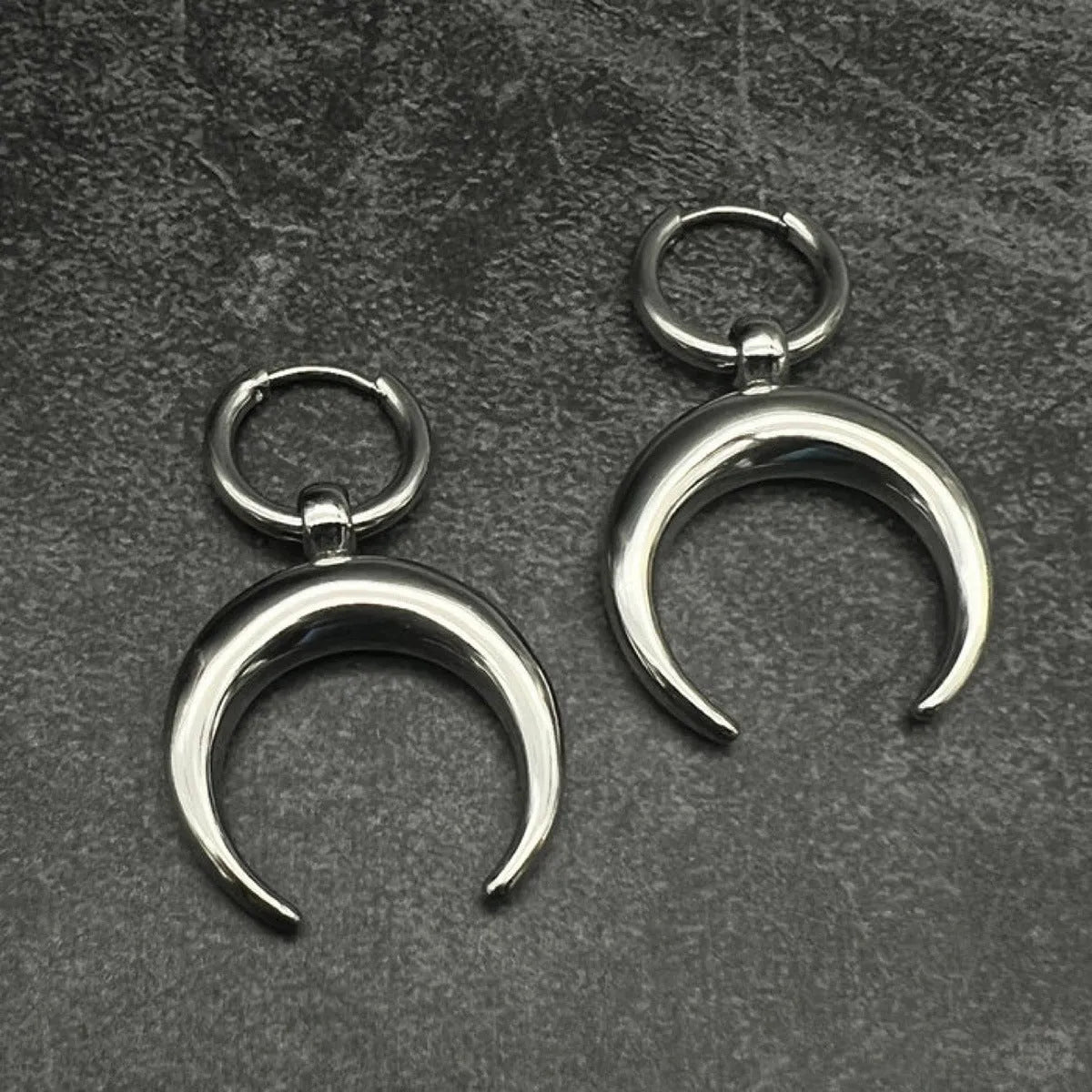 Silver Gothic moon geometric hoop earrings with punk styling