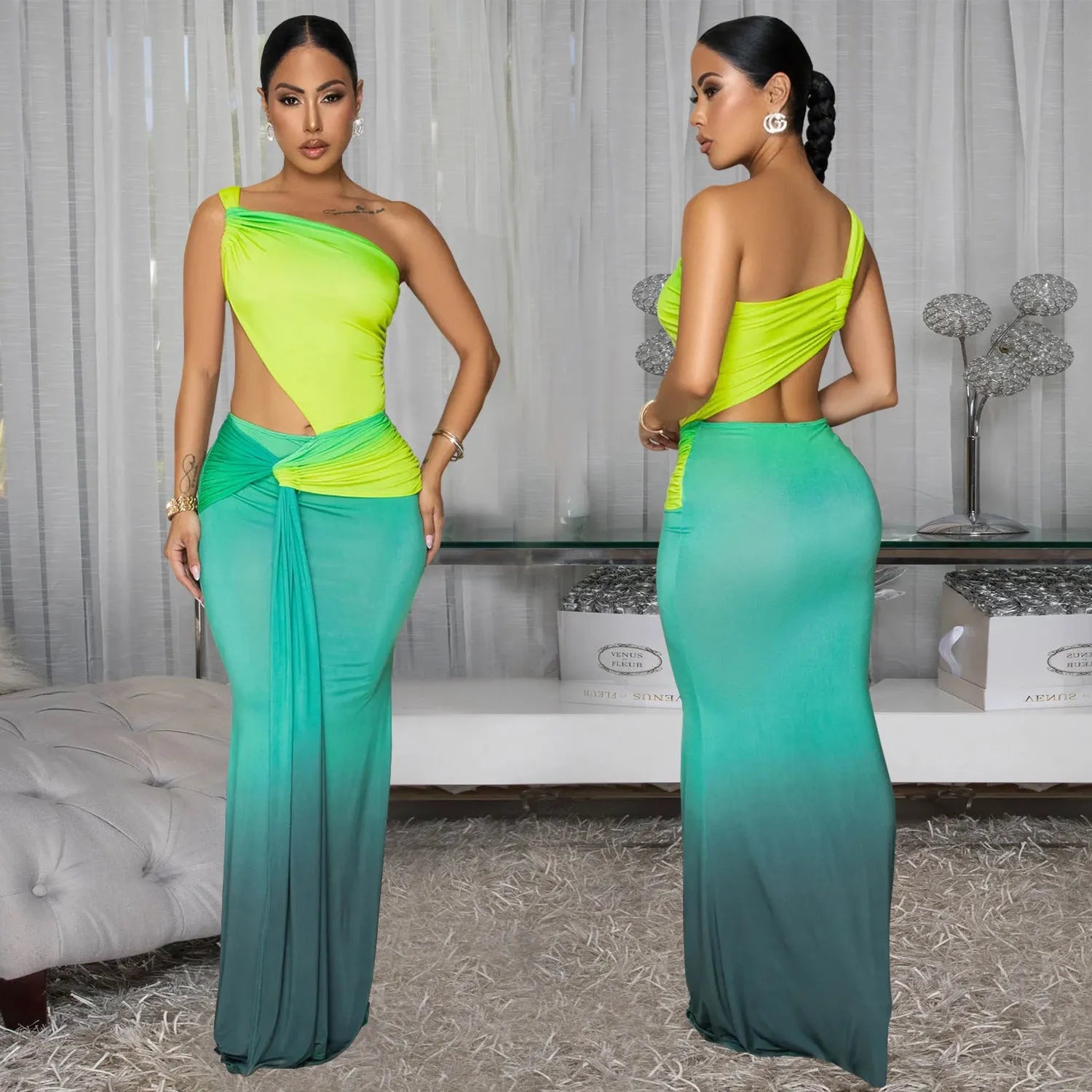 Women's long gradient colour dress with an asymmetric cross-shoulder neckline and sleeveless design.