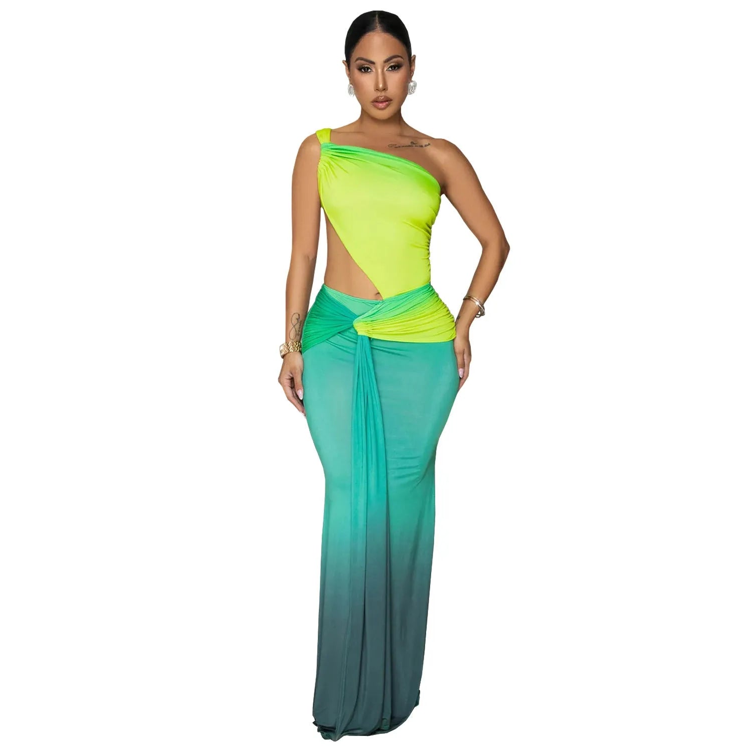 Women's long gradient colour dress with an asymmetric cross-shoulder neckline and sleeveless design.