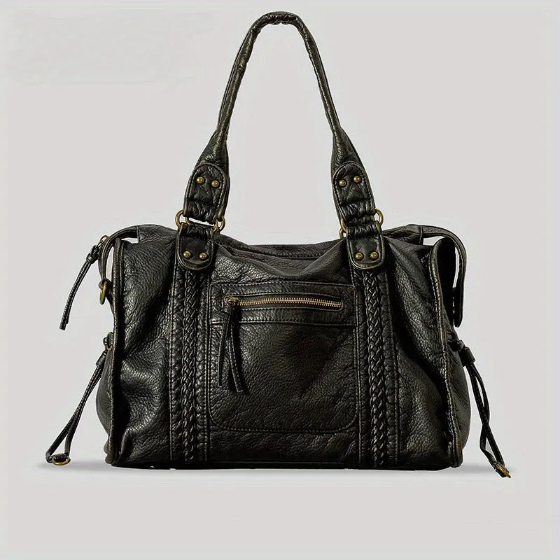 Women's retro motorcycle shoulder bag in bright black with golden edge or brown, showing internal compartments and slit pockets