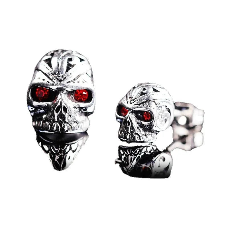 Retro skull stud earrings with red eye ghost head design on alloy metal