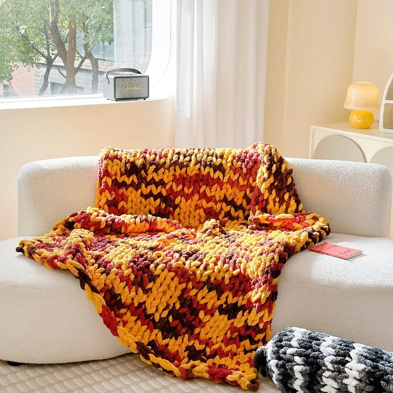 Striped chenille blanket 130x170cm in caramel mango colour showing textured surface