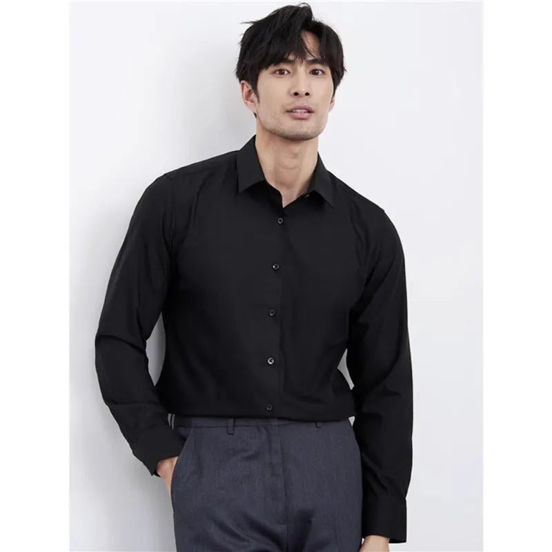 A man's wine red slim-fit casual long-sleeve shirt laid flat, showcasing its non-iron fabric.
