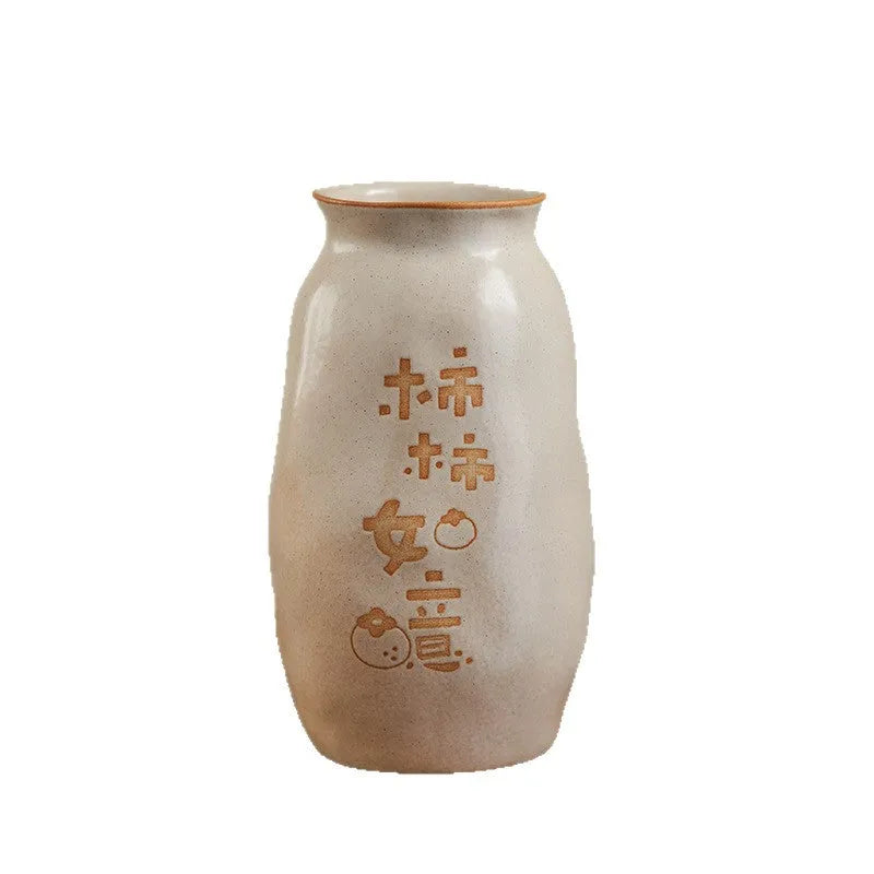 Chinese style hand-painted ceramic joy vase with traditional motifs on 8 cm base