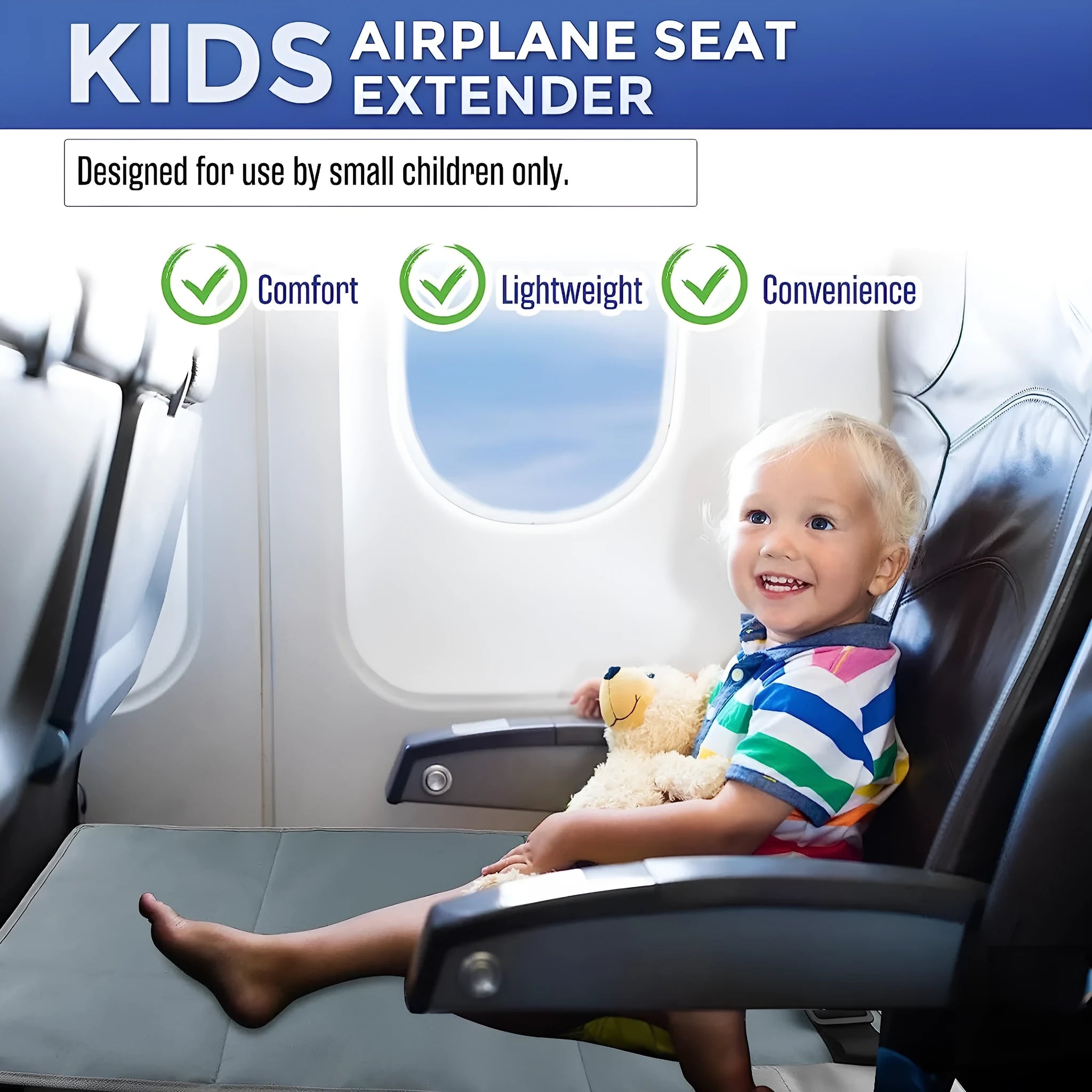 Portable blue children's aircraft pedal seat extender with drawstring pocket